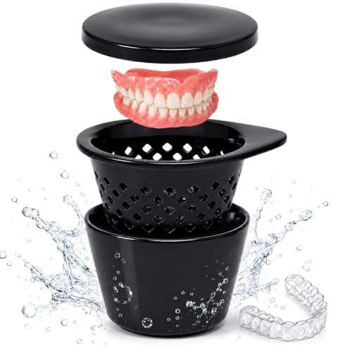 Black Ceramic Denture Cleaning Cup with Lid & Removable Basket - Hygienic Soaking Container