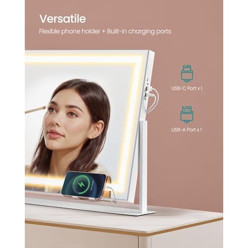 SONGMICS Vanity Makeup Mirror with Lights, Touch Control, Angle-Adjustable, Charging Ports, Detachable 10X Magnifying Mirror, 3 Color Temperatures, Dimmable, Phone Holder, Matte White ULWM002W01V1