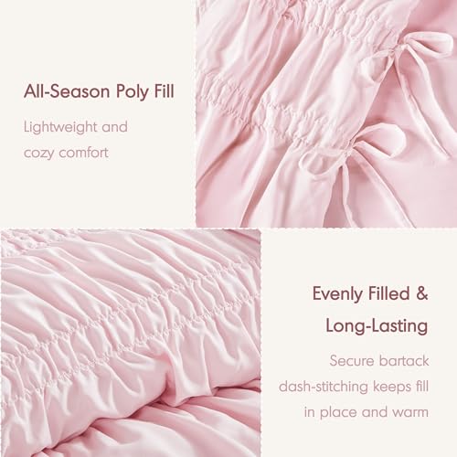 Pink Queen Comforter Set with Ruched Shabby Chic Design - 3 Piece Full/Queen Bedding