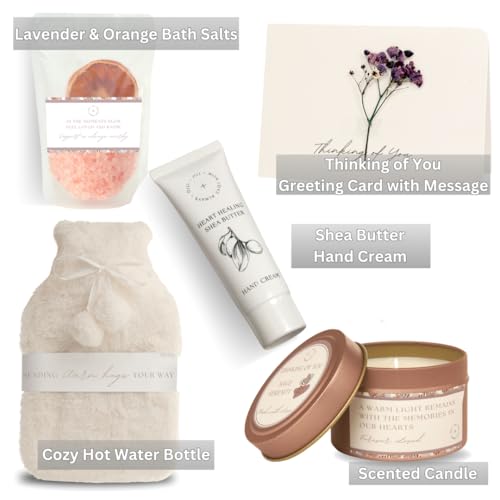 Sympathy Gift Baskets for Loss of Loved One ? Bereavement Gift Basket with Bath Salts, Hot Water Bottle, Hand Cream, Sage Candle & Greeting Card ? Sympathy Care Package, Condolences Gift for Women