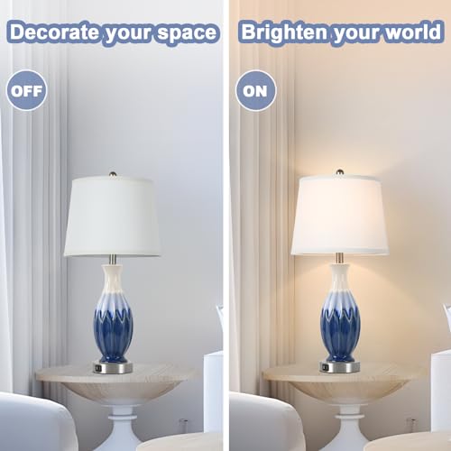 Bosceos 28” Table Lamps Set of 2 - Ceramic Navy Blue Bedside Lamps with USB Ports