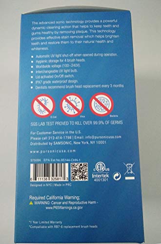 Pursonic S750 Sonic Toothbrush - Black Rechargeable Electric Toothbrush with UV Sanitizer & 12 Bonus Heads