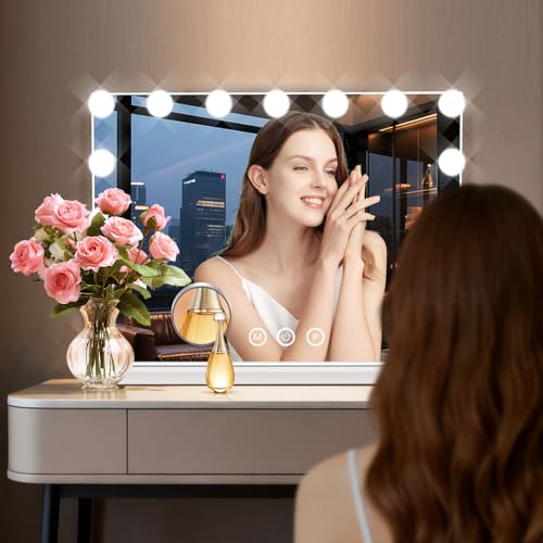 Hollywood Vanity Mirror with Lights, 15 Dimmable Bulbs, 3 Color Lights,Make Up Lighted Mirror, Aluminum Metal Frame, USB Charging Port£¨23" x 18"£©