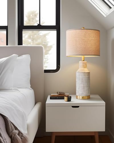 White 25-inch Modern 3-Way Dimmable Touch Table Lamps Set of 2 with USB Ports