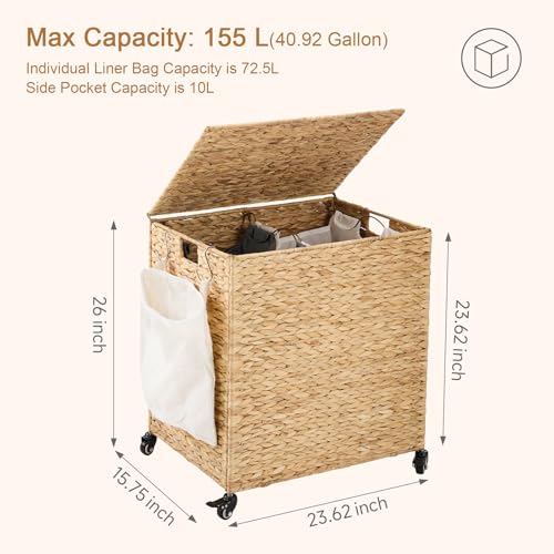 Laundry Hamper with Wheels 40.92 Gallon Water Hyacinth Wicker Basket with Lid & Removable Liners - Natural, 23.62 x 15.75 x 25.6 inches