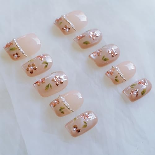 [GLORS] Short Square Press On Nails, Nude Pink with Rose Gold Foil and Pearl Accents, 10 Pieces (Small, SS)