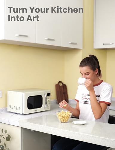 Retro Microwave Oven 0.7 Cu.Ft 700W with 9 Preset Menus Cream Compact Kitchen Appliance