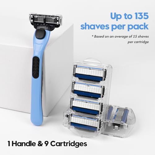 6-Blade Men's Razor with Dual Lubrication, Shaving Kit for Men, 10 Piece Set, 1 Handle & 9 Refill Cartridges, Smooth Comfortable Shave (Blue)