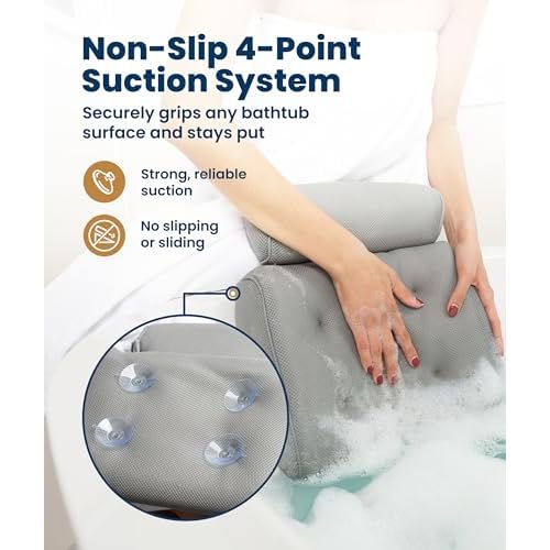 Everlasting Comfort Luxury Bath Pillows for Tub with Head and Neck Support - Non-Slip Bathtub Pillow with Suction Cups, Quick-Drying Mesh & Drying Hook - Jacuzzi & Spa Accessories for Women - Gray