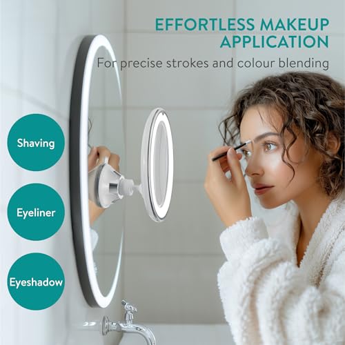 Navaris LED Magnifying Mirror with Lights - Powerful 10x Magnification for Makeup - Illuminated and Magnified Make Up Mirror with Light and Secure Suction Cup for Easy Attachment