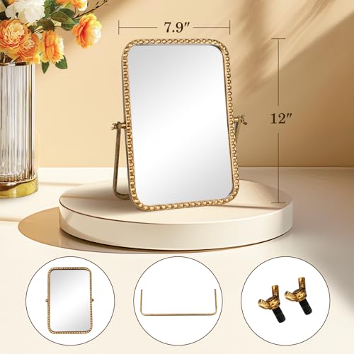 Small Vintage Rectangular Desk Mirror with Beaded Frame - Antique Gold, 12 x 7.9 inches