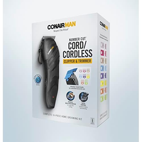 ConairMAN Number Cut, Cord/Cordless Men¡¯s Hair Clippers and Trimmers Set, Includes Barber Comb and Scissors, Cleaning Brush, Oil, Blade Guard and Deluxe Storage Case, At-Home Clipper Kit, Rechargeable