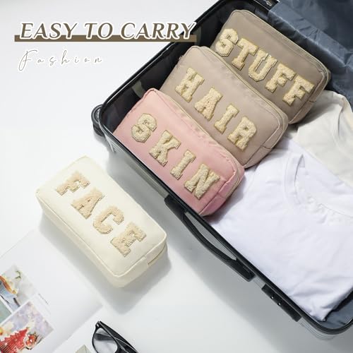 Preppy Makeup Bags Set - Chenille Letter Nylon Cosmetic Pouch Cases with Zipper, Apricot Color, Classic Style, 4 Pieces