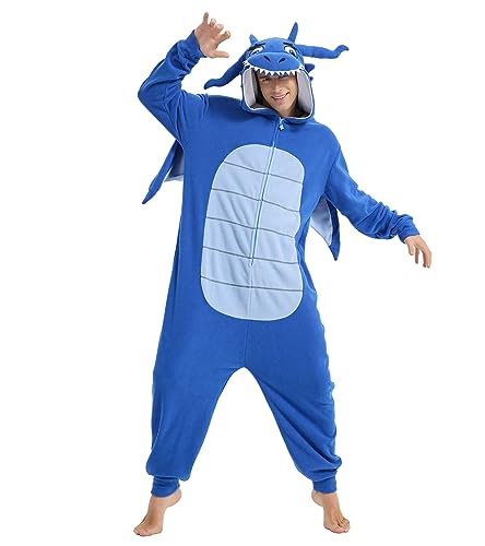 Focupaja Adult Dragon Onesie Pajamas - Medium Blue Animal Cosplay Jumpsuit