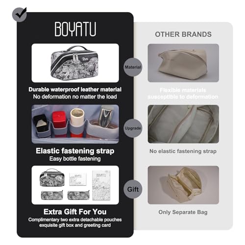 BOYATU Travel Makeup Bag for Women: Large Capacity Make up Bag with Compartments - Vegan Leather Cosmetic Bag set of 3 - Waterproof Toiletry Bag with Handle & Divider(E-2-Black)