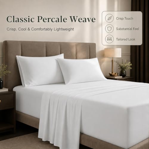 HYPREST White Queen Egyptian Cotton Deep Pocket Bed Sheets 18 Inch Percale