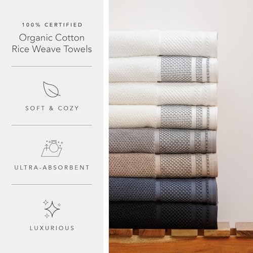 TexereSilk Organic Cotton Luxury Bath Towel Set - Cream w/Black Rice Weave, 2 Bath & 2 Hand Towels