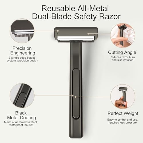 Dual-Blade Safety Razor with Pivoting Head, Reusable Metal Razors for Men, with 10 Double Edge Blades, Smooth Close Clean Shave, Matte Black