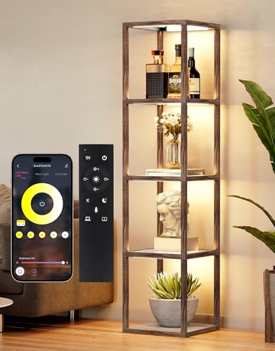 PARTPHONER Glass Display Shelf Floor Lamp with Remote & App Control - Dimmable LED Oak Gray