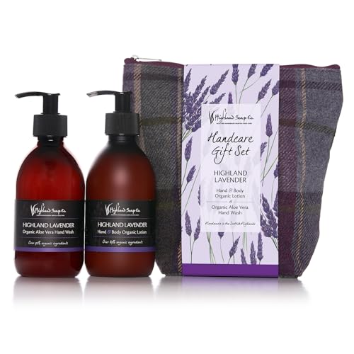 The Highland Soap Company Hand Care Gift Set, Organic Hand Wash & Lotion Set in Contempory Tweed Toiletry Bag (Highland Lavender)