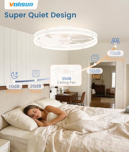 White 23.6 Inch Low Profile Ceiling Fan with Lights & Remote - Dimmable, Quiet, Flush Mount for Bedroom