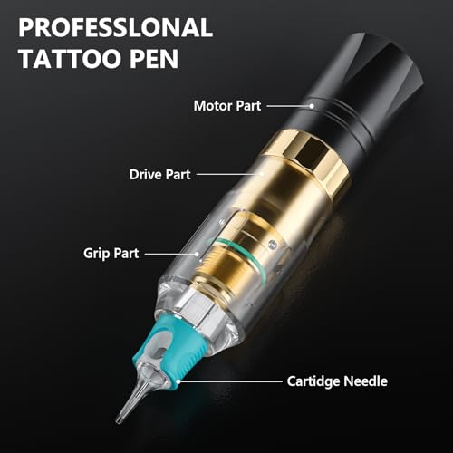 Wireless Tattoo Gun Kit with 2 Batteries, 16 Cartridges, 7 Ink Colors - Black Kit