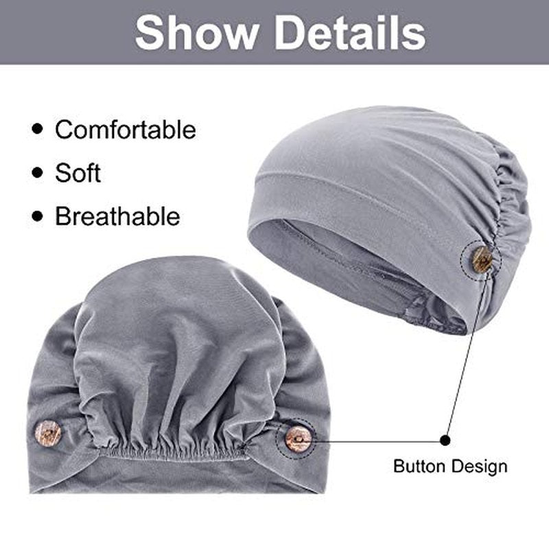 Geyoga 3 Pieces Bouffant Caps with Buttons Unisex Stretchy Headband Turban with Buttons for Women