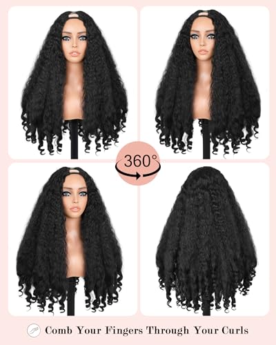 Cemuto 24 Inch Afro Curly Wig V-Part Natural Black with Bouncy Ends - No Glue Needed