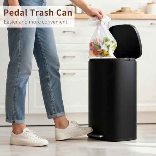 13-Gallon Trash Can with Lid - Black Stainless Steel Removable Inner Bucket