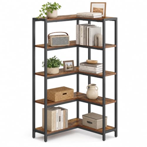 SONGMICS HOME 5-Tier Corner Shelf Rustic Brown - L-Shaped or Straight Bookshelf
