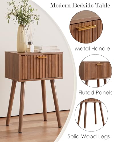 Walnut Modern Nightstand Set of 2 with Fluted Doors - Compact Bedroom Storage