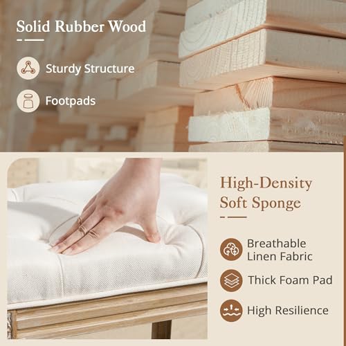 Upholstered Fabric Vanity Bench Seat with Carved Wood Legs - Beige, Variation of Beige and Wood