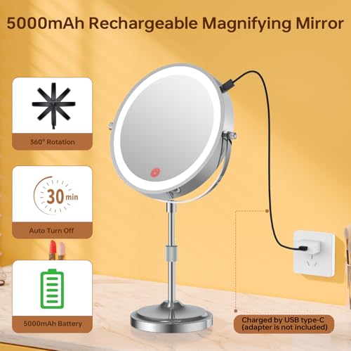 9-Inch Lighted Makeup Mirror with 1X/20X Magnification - Chrome, Adjustable Height