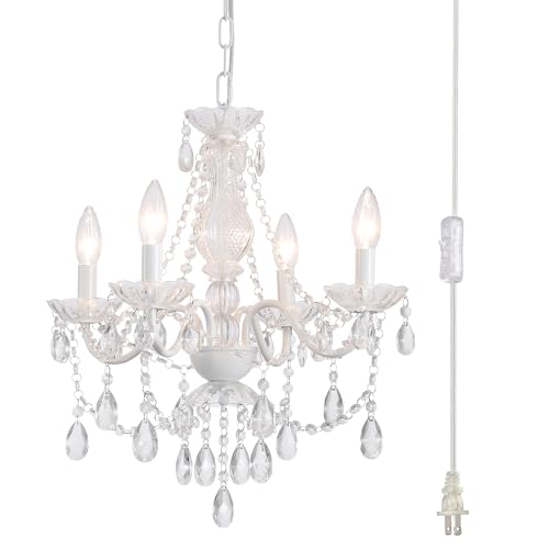 AMZASA Plug-in White Crystal Chandelier 4-Light Pendant Light for Kitchen & Dining – Adjustable Height, Easy Assembly