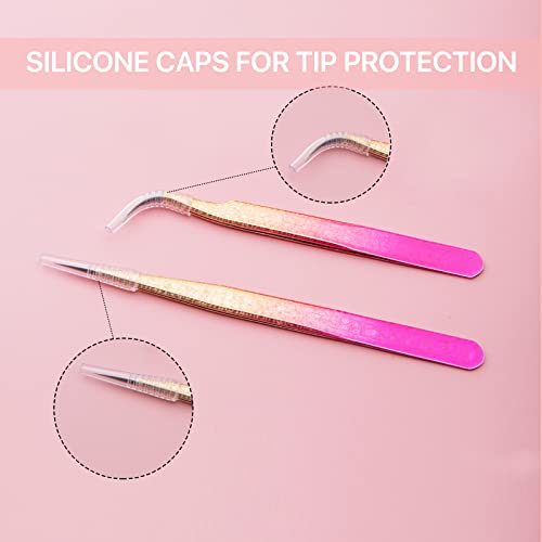 Straight and Curved Pointed Tweezers for Eyelash Extension, 2 PCS Lash Tweezer Set, Stainless Steel Professional Eyelash Extension Tweezers for Volume, Isolation and Classic Lashes