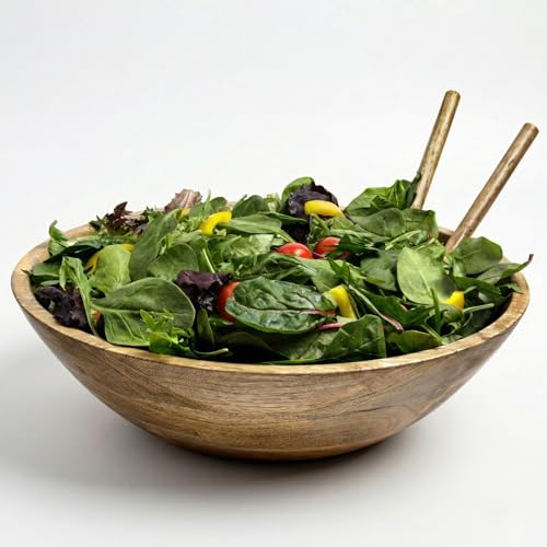Extra Large Wooden Salad Bowl 15 Inch with Serving Utensils - Handcrafted Mango Wood Family Serving Bowl - X-Large