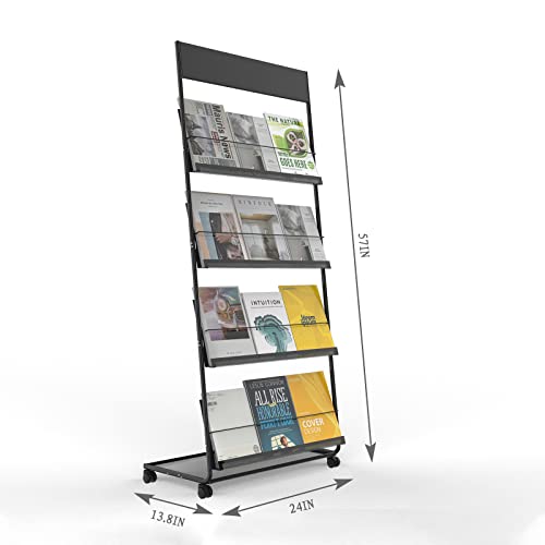 Floor-Standing 4-Layer Magazine Rack with Wheels - Black