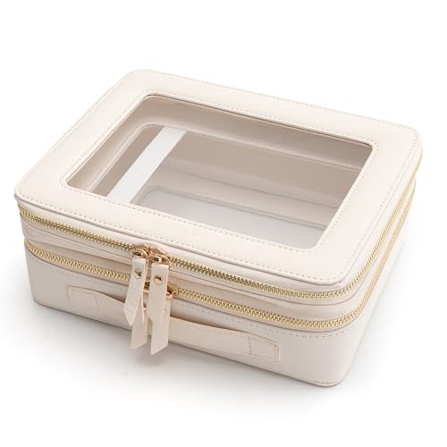 Aveniee Off-White Large Double Layer Clear Makeup Bag - Cosmetic Train Case