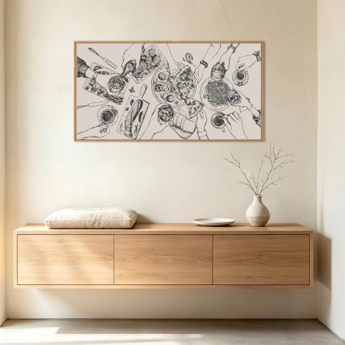 Large Black & White Food and Drink Wall Art - 40x20 Inches Kitchen Decor with Framed Canvas