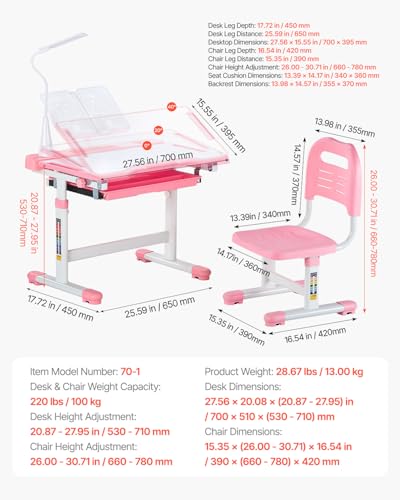 Kids Study Desk and Chair Set with Tilting Desktop and Table Lamp - Pink, Adjustable Height