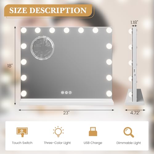 GAOMON Vanity Mirror with Lights, Lighted Mirror with 15 Dimmable LED Bulbs, Makeup Mirror with 3X Magnification, 3 Colors Modes,Touch Control, Metal Frame,White