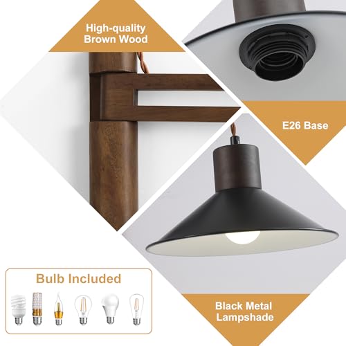 Black Wood Plug-in Wall Lamp with Adjustable Swing Arm - Farmhouse Bedroom Lighting