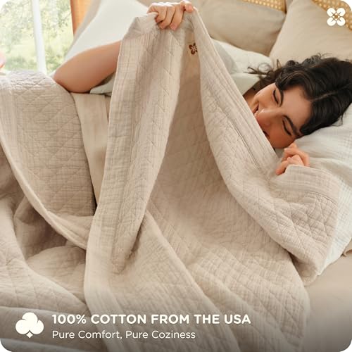 Linen Beige Twin XL Cotton Muslin Blanket - 8-Layer Diamond Quilt Bed Throw