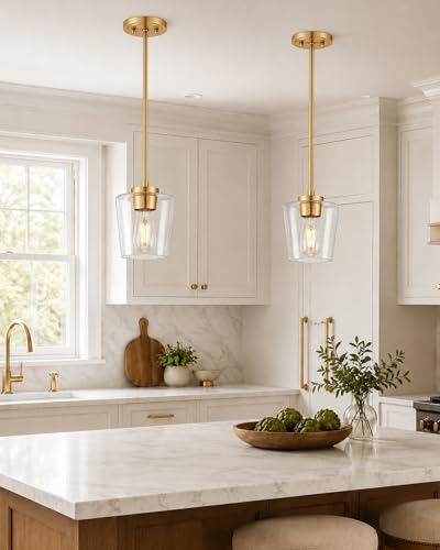 Gold Pendant Lights for Kitchen Island - Clear Glass Shade, 6 Inch - Brushed Gold Finish, 2 Pack