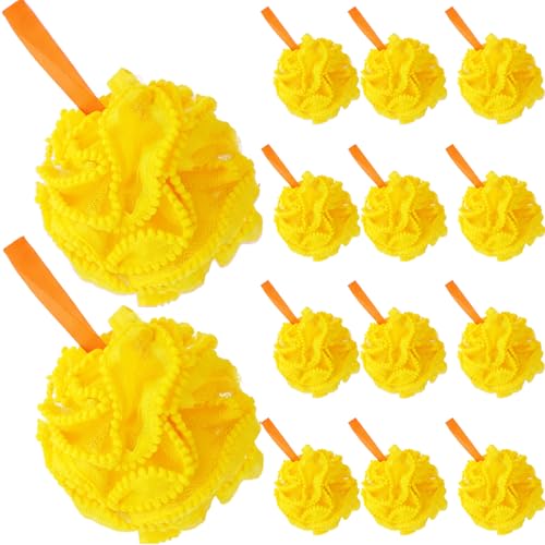Duraaamo 12 Pcs Bath Loofah Sponge, Yellow Exfoliating Body Scrubber 50g Bath Shower Loofah Sponge Pouf Puff Mesh Shower Pouf Balls Soft Quick-Dry Cleanse Skin Accessories for Easter Chick Duck Party