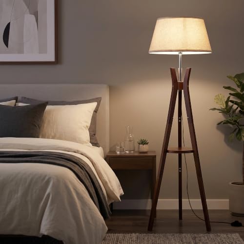 Walnut Floor Lamp with Shelves - 59 Inch Standing Lamp for Bedroom & Living Room - Booniture