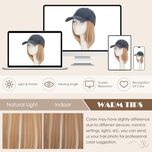 Blue Highlighted 6-Inch Distressed Baseball Cap Wig with Short Bob Hair for Women - Adjustable Vintage Hat Wig