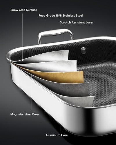 Snowclad 13x10 Inch Nonstick Stainless Steel Roasting Pan for Oven & All Cooktops