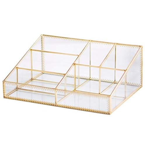 Makeup Organizer Antique Countertop Cosmetic Storage Box Glass Beauty Display, Gold Spin Large Capacity Holder for Brushes Lipsticks Skincare Toner