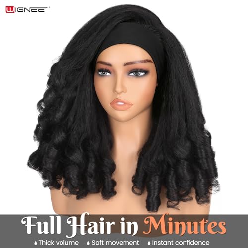 Yaki Curly Headband Wig for Black Women - 16 Inch Black, No Glue Needed